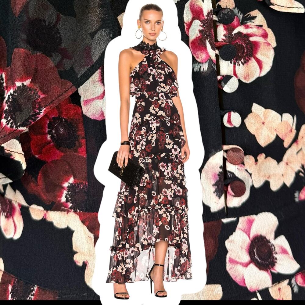 New w/Tag NICHOLAS silk floral ruffle tiered asymmetrical Goddess gown - Picture 3 of 17
